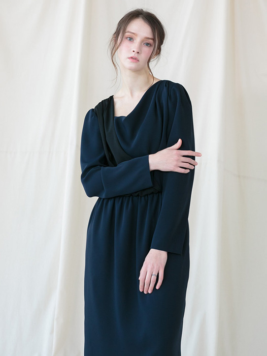 [Coett] Drapery Shirring Dress_NAVY